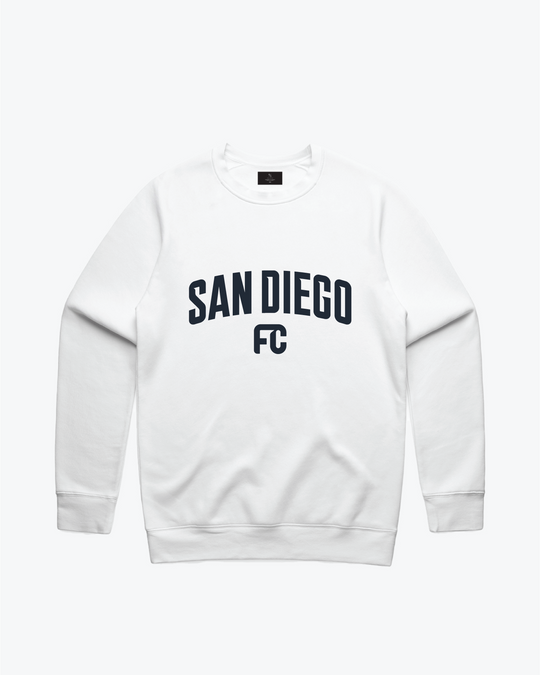 White Crewneck w/ San Diego FC and "Flow" in AZUL