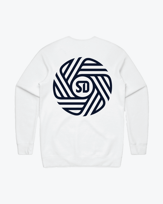 White Crewneck w/ San Diego FC and "Flow" in AZUL